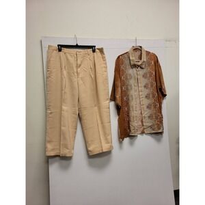 Prestige 2pc Outfit‎ Set Mens 3XL Shirt 42x30 Pants Beige Brown Casual Dressy